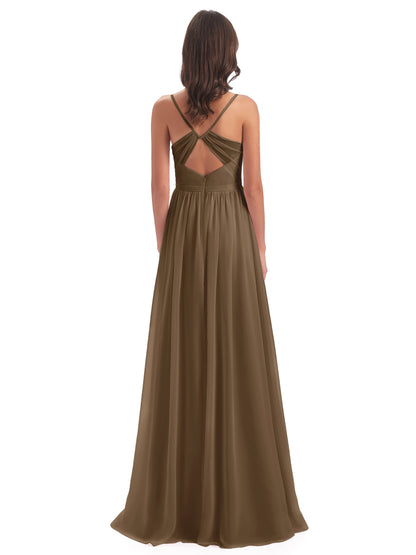 Kimora Spaghetti Straps Chiffon Long Bridesmaid Dresses with Slit