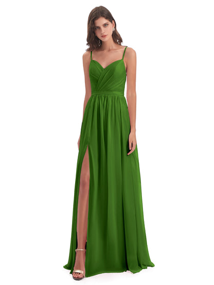 Kimora Spaghetti Straps Chiffon Long Bridesmaid Dresses with Slit