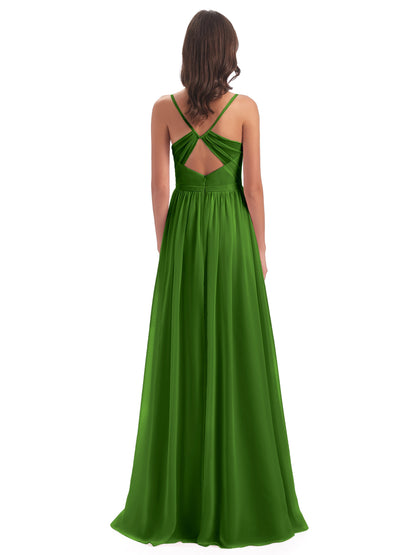 Kimora Spaghetti Straps Chiffon Long Bridesmaid Dresses with Slit