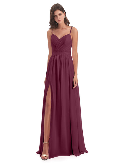 Kimora Spaghetti Straps Chiffon Long Bridesmaid Dresses with Slit