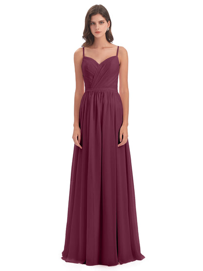 Kimora Spaghetti Straps Chiffon Long Bridesmaid Dresses with Slit