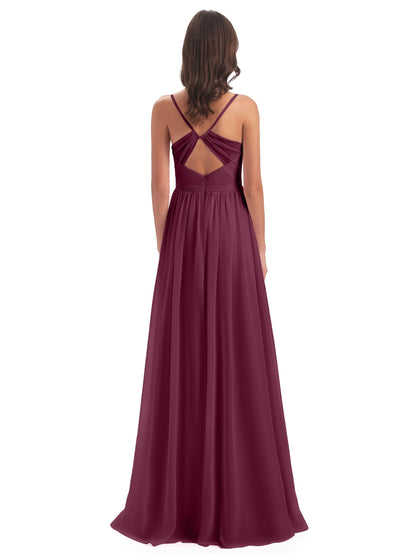 Kimora Spaghetti Straps Chiffon Long Bridesmaid Dresses with Slit