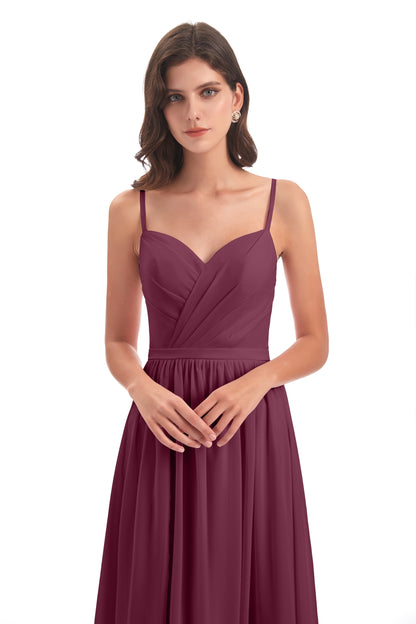 Kimora Spaghetti Straps Chiffon Long Bridesmaid Dresses with Slit