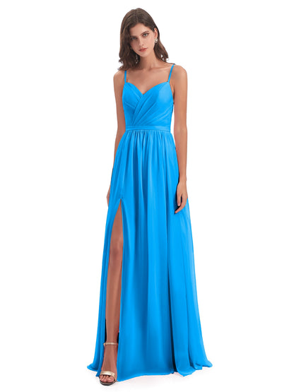 Kimora Spaghetti Straps Chiffon Long Bridesmaid Dresses with Slit