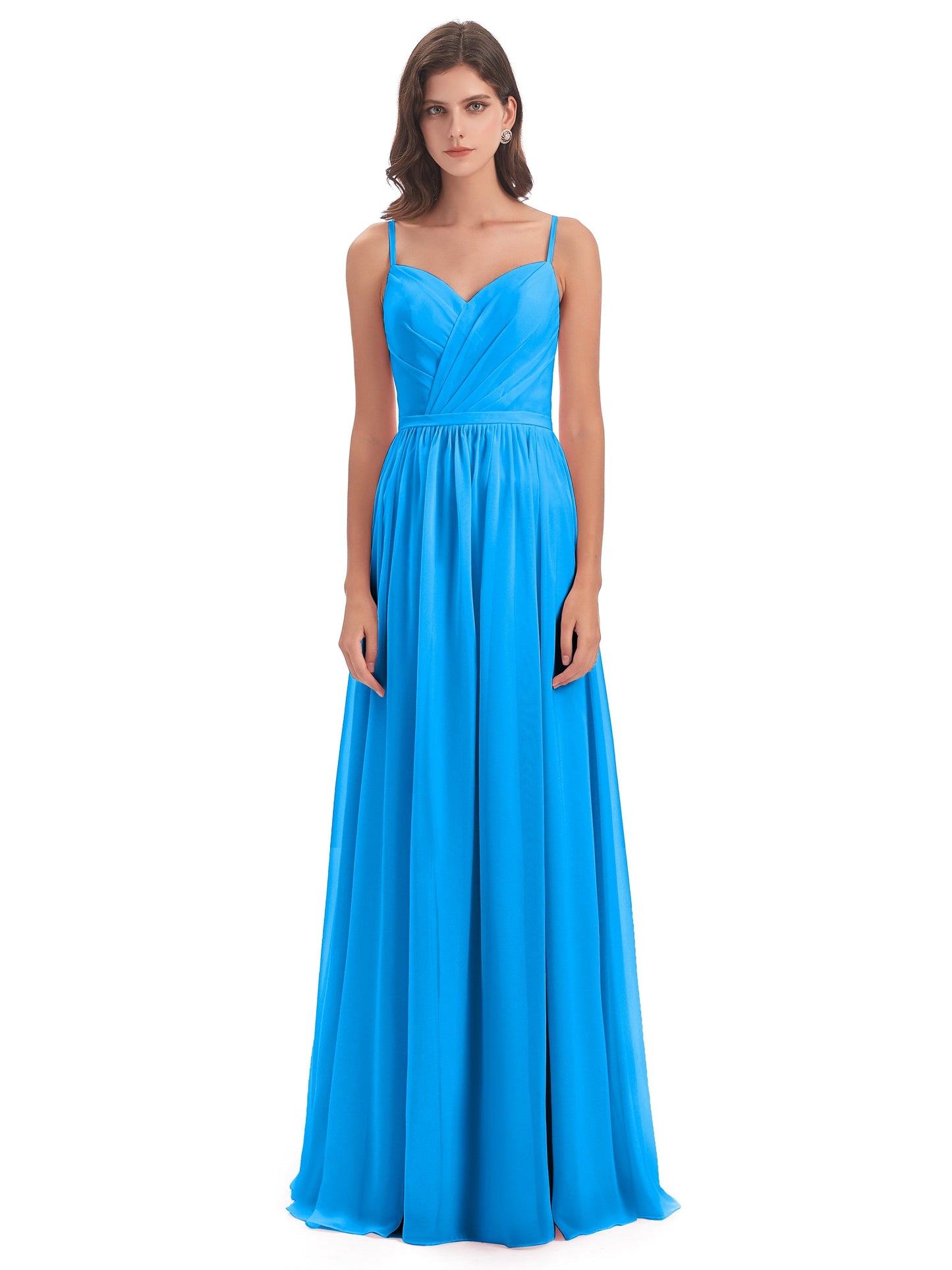 Kimora Spaghetti Straps Chiffon Long Bridesmaid Dresses with Slit