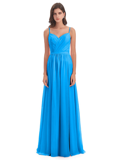 Kimora Spaghetti Straps Chiffon Long Bridesmaid Dresses with Slit
