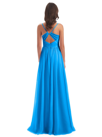 Kimora Spaghetti Straps Chiffon Long Bridesmaid Dresses with Slit