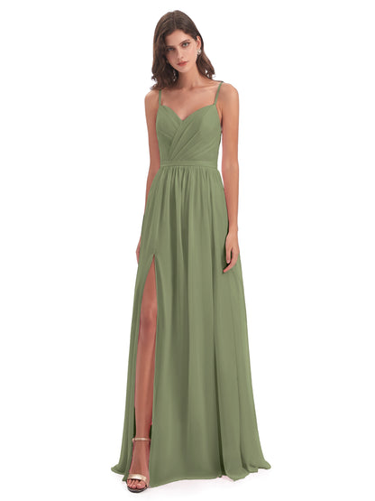 Kimora Spaghetti Straps Chiffon Long Bridesmaid Dresses with Slit