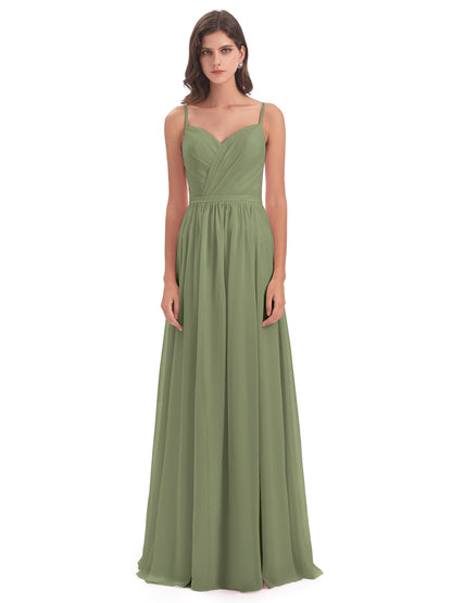Kimora Spaghetti Straps Chiffon Long Bridesmaid Dresses with Slit