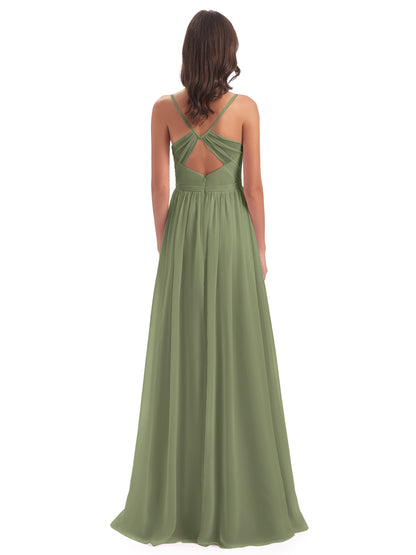 Kimora Spaghetti Straps Chiffon Long Bridesmaid Dresses with Slit