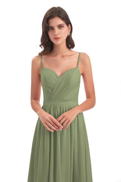Kimora Spaghetti Straps Chiffon Long Bridesmaid Dresses with Slit