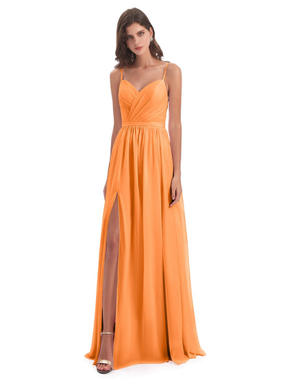 Kimora Spaghetti Straps Chiffon Long Bridesmaid Dresses with Slit