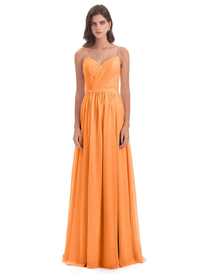 Kimora Spaghetti Straps Chiffon Long Bridesmaid Dresses with Slit