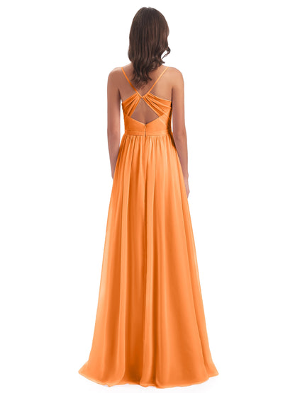 Kimora Spaghetti Straps Chiffon Long Bridesmaid Dresses with Slit