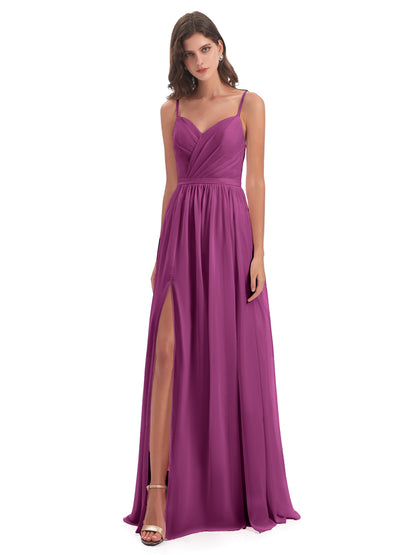 Kimora Spaghetti Straps Chiffon Long Bridesmaid Dresses with Slit