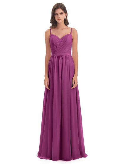 Kimora Spaghetti Straps Chiffon Long Bridesmaid Dresses with Slit