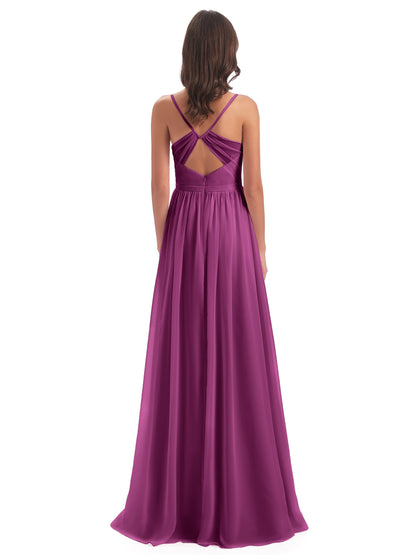 Kimora Spaghetti Straps Chiffon Long Bridesmaid Dresses with Slit