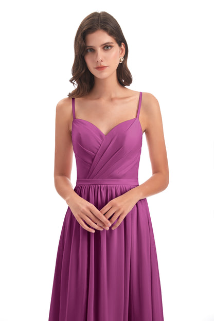 Kimora Spaghetti Straps Chiffon Long Bridesmaid Dresses with Slit