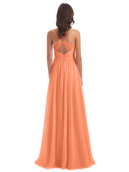 Kimora Spaghetti Straps Chiffon Long Bridesmaid Dresses with Slit