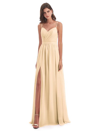 Kimora Spaghetti Straps Chiffon Long Bridesmaid Dresses with Slit