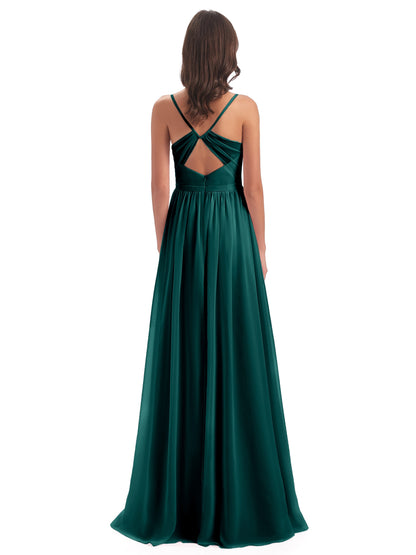 Kimora Spaghetti Straps Chiffon Long Bridesmaid Dresses with Slit