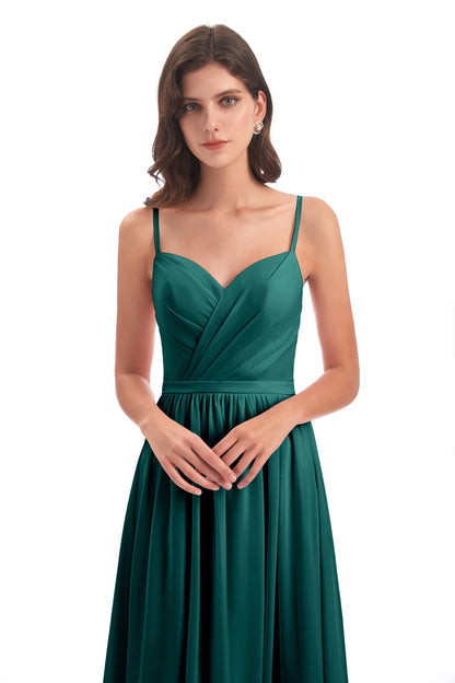 Kimora Spaghetti Straps Chiffon Long Bridesmaid Dresses with Slit