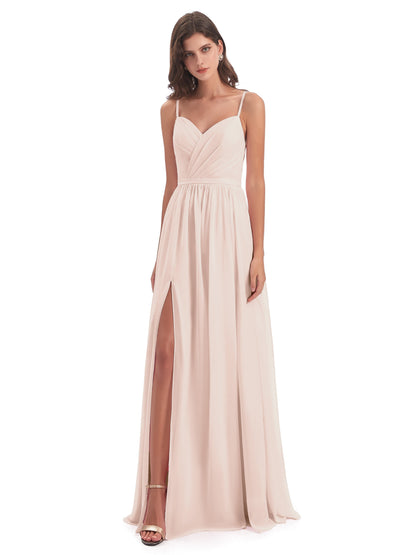 Kimora Spaghetti Straps Chiffon Long Bridesmaid Dresses with Slit