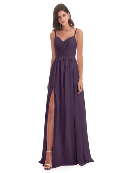 Kimora Spaghetti Straps Chiffon Long Bridesmaid Dresses with Slit