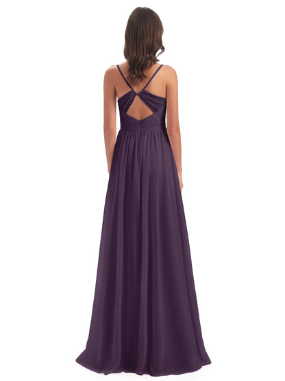 Kimora Spaghetti Straps Chiffon Long Bridesmaid Dresses with Slit