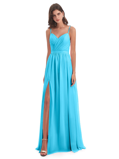 Kimora Spaghetti Straps Chiffon Long Bridesmaid Dresses with Slit