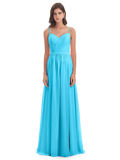 Kimora Spaghetti Straps Chiffon Long Bridesmaid Dresses with Slit