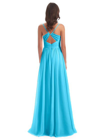 Kimora Spaghetti Straps Chiffon Long Bridesmaid Dresses with Slit
