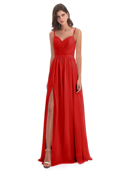 Kimora Spaghetti Straps Chiffon Long Bridesmaid Dresses with Slit