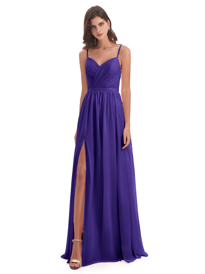 Kimora Spaghetti Straps Chiffon Long Bridesmaid Dresses with Slit