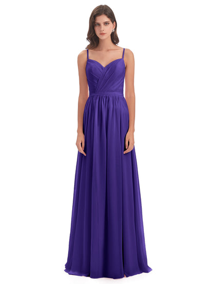 Kimora Spaghetti Straps Chiffon Long Bridesmaid Dresses with Slit