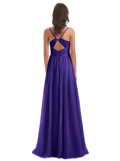 Kimora Spaghetti Straps Chiffon Long Bridesmaid Dresses with Slit