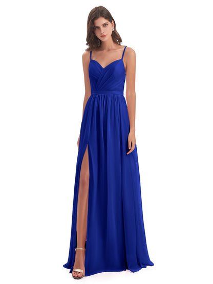 Kimora Spaghetti Straps Chiffon Long Bridesmaid Dresses with Slit
