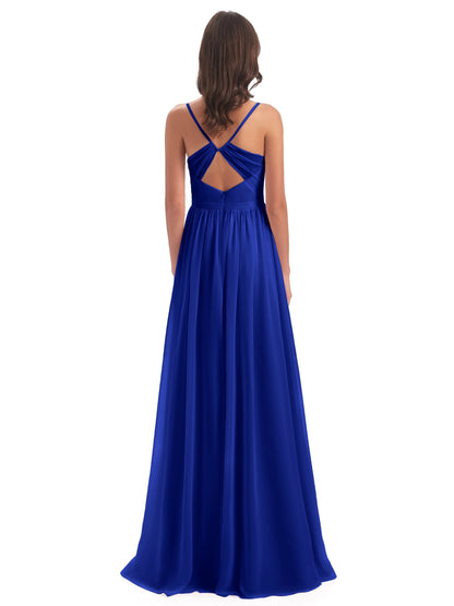 Kimora Spaghetti Straps Chiffon Long Bridesmaid Dresses with Slit