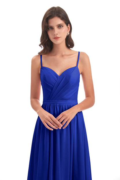 Kimora Spaghetti Straps Chiffon Long Bridesmaid Dresses with Slit