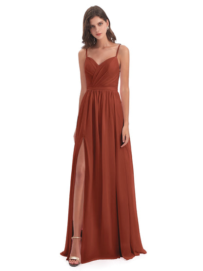 Kimora Spaghetti Straps Chiffon Long Bridesmaid Dresses with Slit