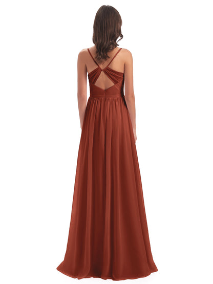 Kimora Spaghetti Straps Chiffon Long Bridesmaid Dresses with Slit