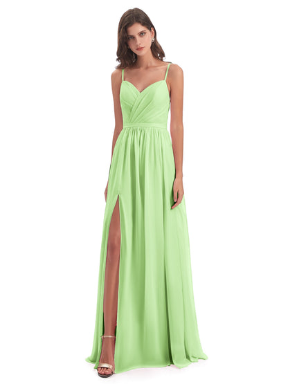 Kimora Spaghetti Straps Chiffon Long Bridesmaid Dresses with Slit