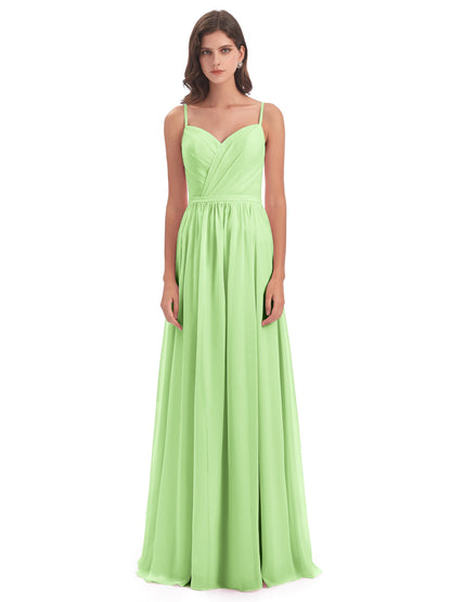 Kimora Spaghetti Straps Chiffon Long Bridesmaid Dresses with Slit