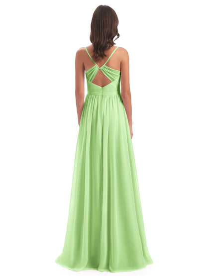 Kimora Spaghetti Straps Chiffon Long Bridesmaid Dresses with Slit