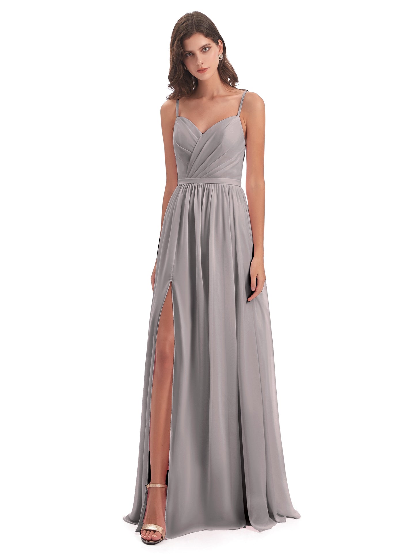 Kimora Spaghetti Straps Chiffon Long Bridesmaid Dresses with Slit