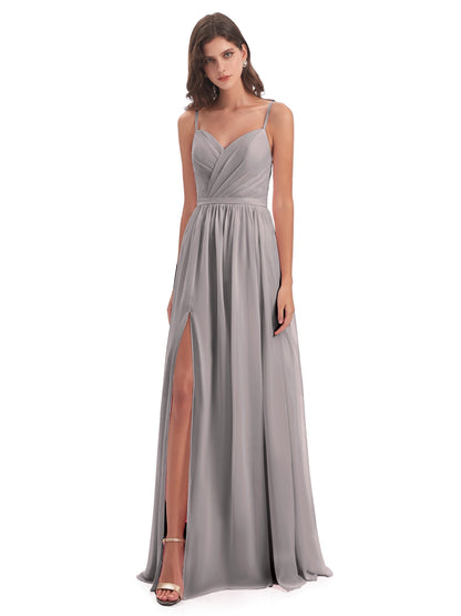 Kimora Spaghetti Straps Chiffon Long Bridesmaid Dresses with Slit