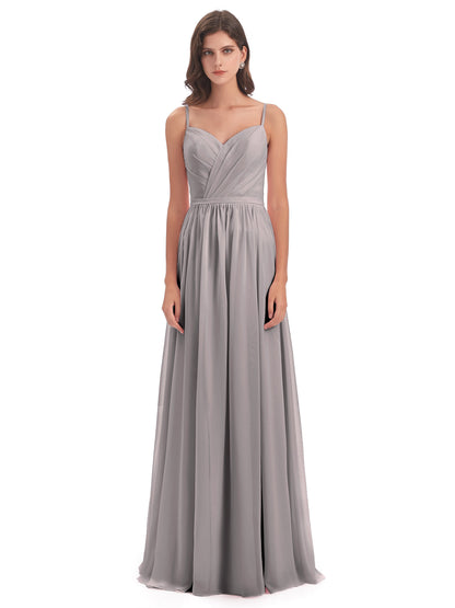 Kimora Spaghetti Straps Chiffon Long Bridesmaid Dresses with Slit