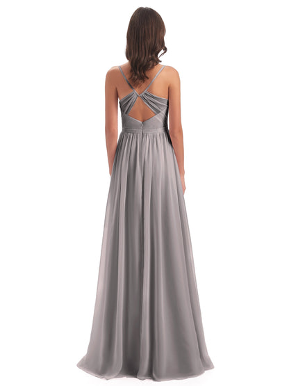 Kimora Spaghetti Straps Chiffon Long Bridesmaid Dresses with Slit