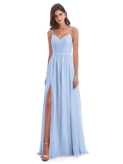 Kimora Spaghetti Straps Chiffon Long Bridesmaid Dresses with Slit