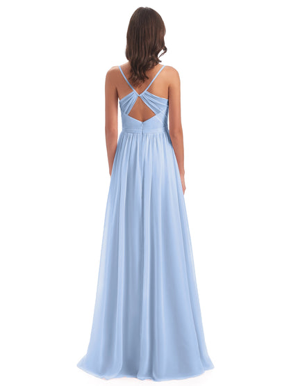 Kimora Spaghetti Straps Chiffon Long Bridesmaid Dresses with Slit